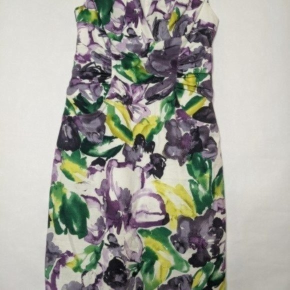 Adrianna Papell Dress 6 Medium Purple Floral Dress Sleeveless Ruched Sheath Text - Picture 3 of 9